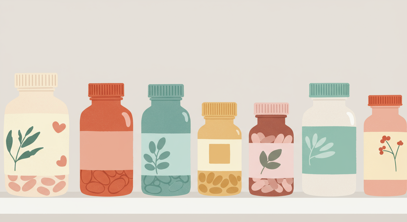 Several different vitamin supplement bottles lined up on a clean, white shelf.