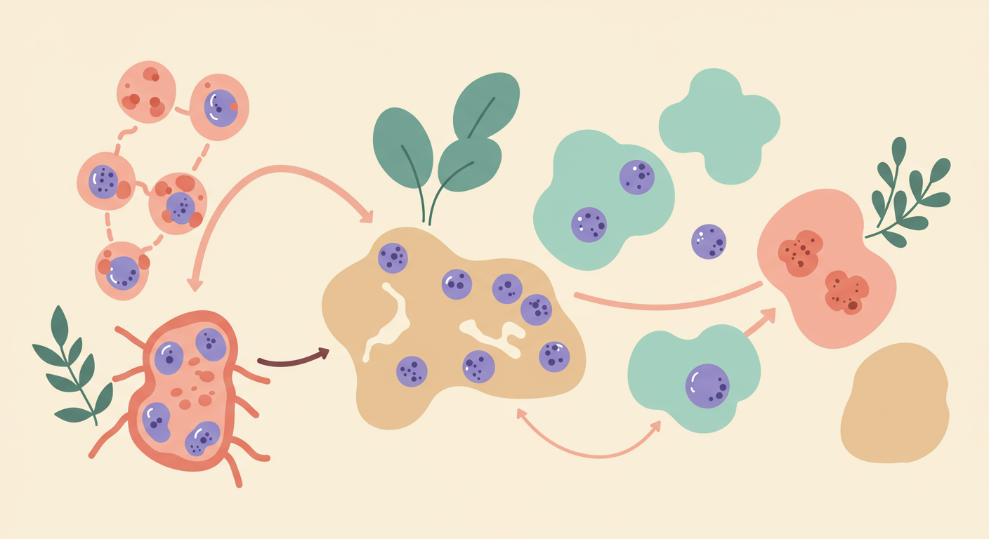 A simplified diagram showing different types of immune cells, including T-cells, B-cells, and macrophages, highlighting their roles.