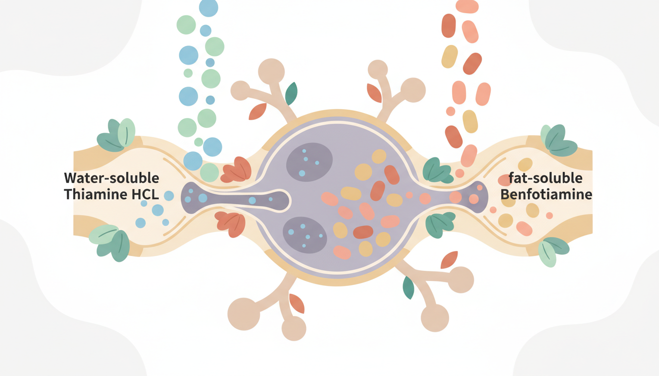 An infographic diagram that visually compares the absorption pathways of water-soluble Thiamine HCl and fat-soluble Benfotiamine into a nerve cell.