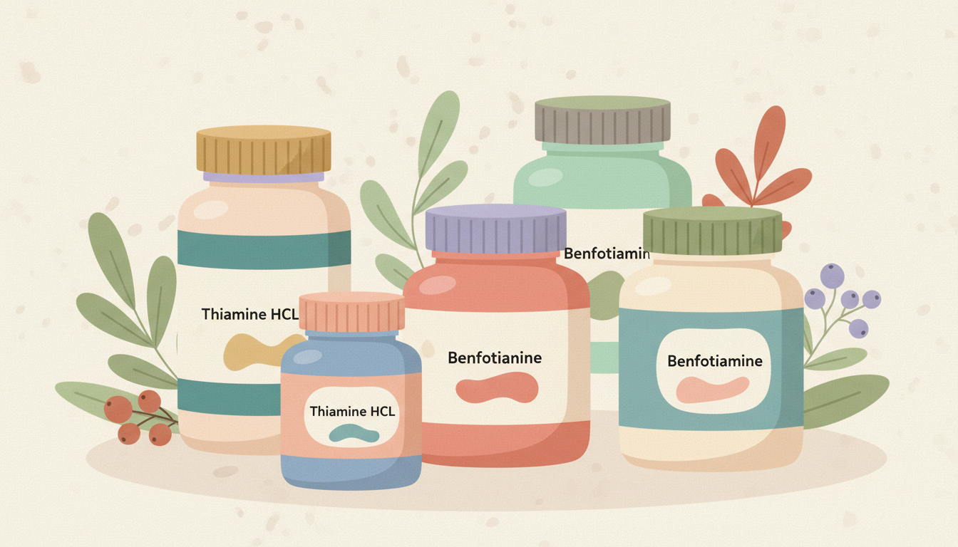 A collection of different thiamin supplement bottles, including both benfotiamine and thiamine HCl forms, arranged on a clean, light-colored surface.