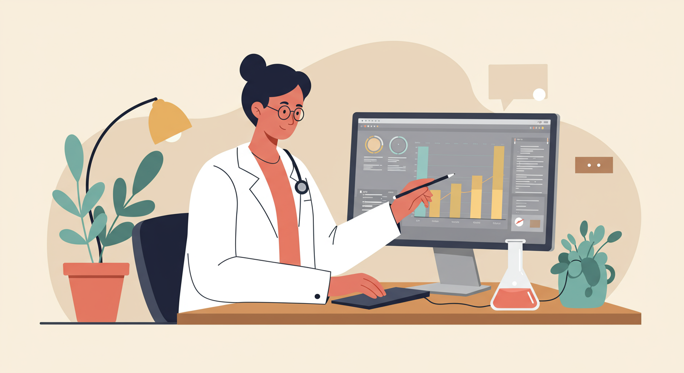 A healthcare professional in a lab coat reviewing scientific data on a computer screen, representing evidence-based research.
