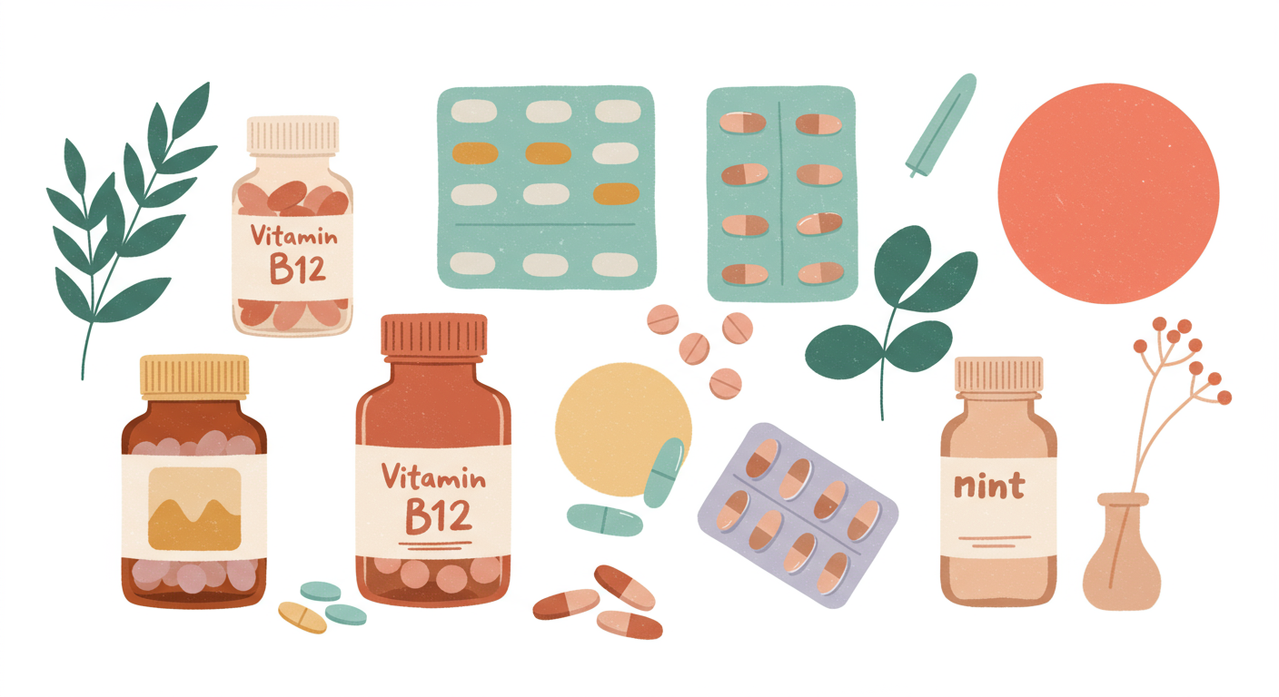 A collection of various Vitamin B12 supplement bottles and pills arranged on a clean, white background.