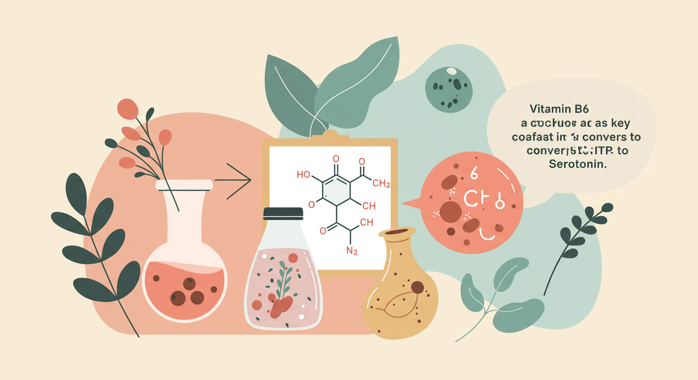 Infographic showing Vitamin B6 as a key cofactor in converting 5-HTP to Serotonin.