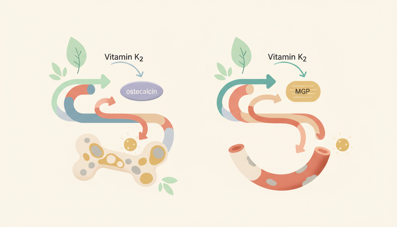 An infographic showing two pathways. One arrow shows Vitamin K2 activating osteocalcin, which then guides a calcium ion into a bone structure. A second arrow shows Vitamin K2 activating MGP, which removes a calcium ion from the wall of an artery.