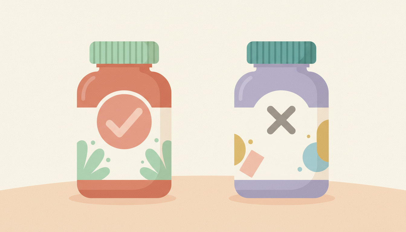 A side-by-side comparison of two supplement bottles, one labeled 'Natural Vitamin E (d-alpha-tocopherol)' with a checkmark, and the other 'Synthetic Vitamin E (dl-alpha-tocopherol)' with an X.