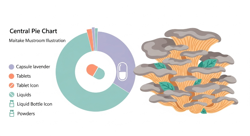 Pie chart showing that over half of Maitake supplements are sold as capsules, followed by tablets, liquids, and powders.