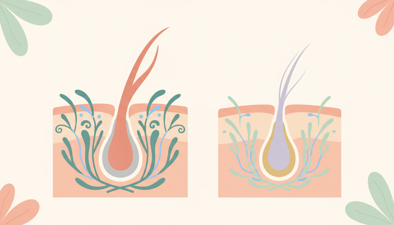 Diagram illustrating a healthy hair follicle next to a miniaturized hair follicle affected by DHT.